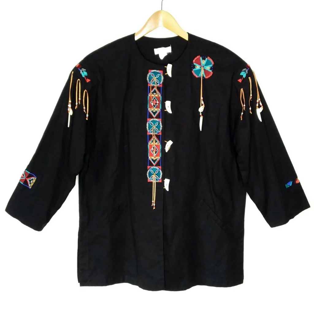 Vtg 70's Rafia Studio Western Jacket Large Native American Style Beaded Shells